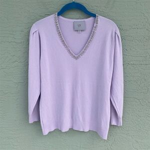 LIV Milano Women's V-Neck Sweater Purple M Decorative Trim Long Sleeve Pullover